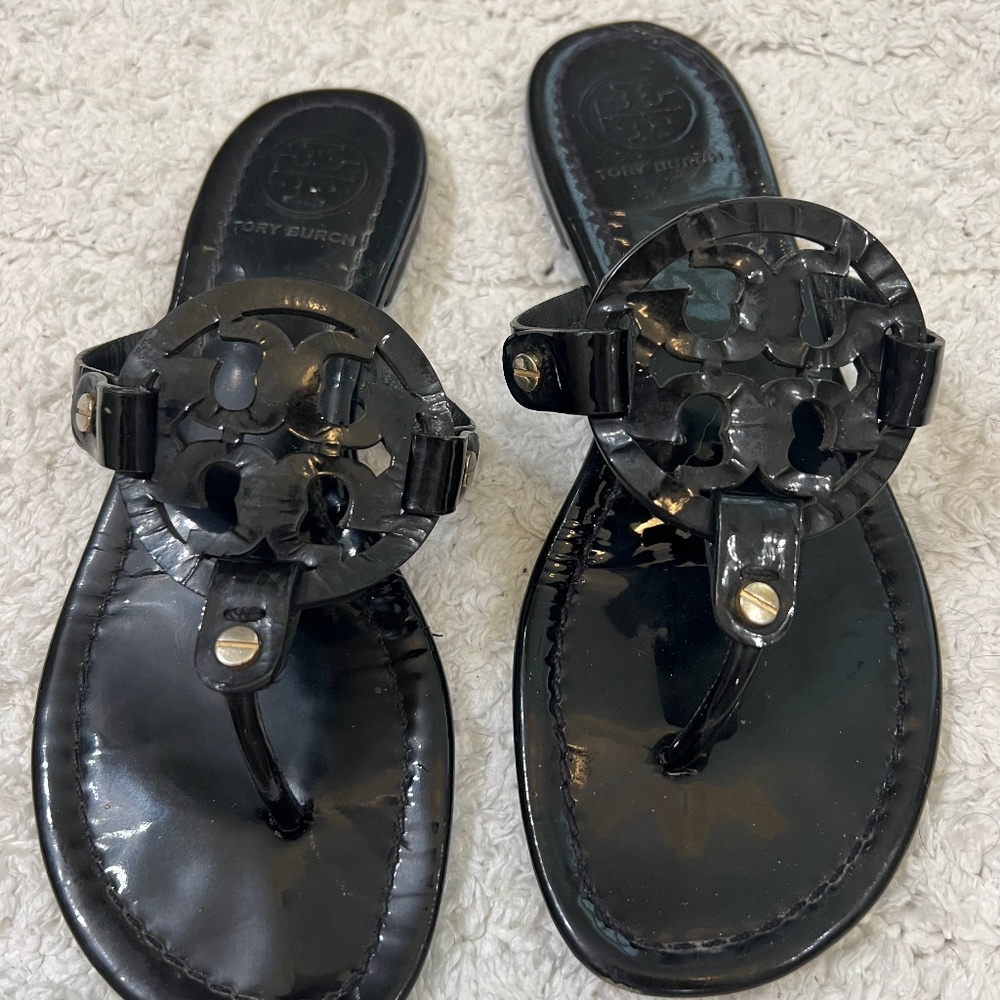 Tory Burch Miller Patent black sandals size  6.5